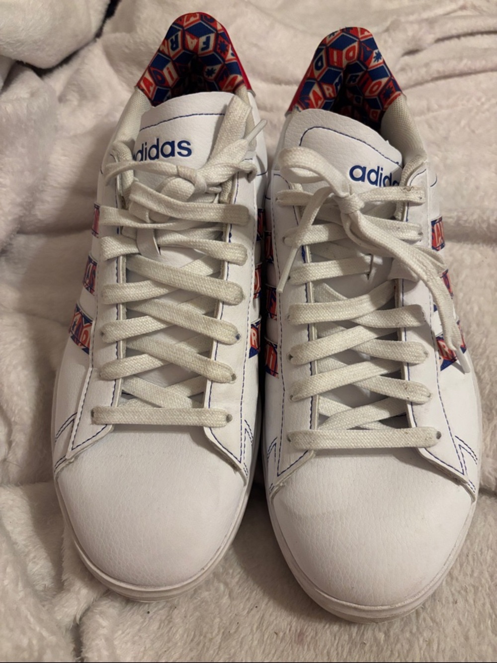 adidas X Farm Rio White Sneakers with Blue Logos and Red Geometric Lining